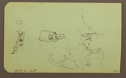 Kresba, Hory, Kostel; Verso: Postavy, Kostel, 1883