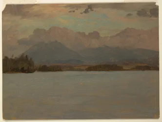 Kresba, hora Katahdin od jezera Katahdin, 1855-65