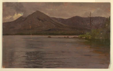 Kresba, hora Katahdin, od jezera Katahdin, 1877