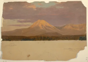 Kresba, hora Katahdin od jezera Katahdin, 1878