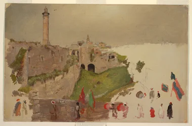 Kresba, Průvod při vjezdu do města, Jaffa, začátek března 1868