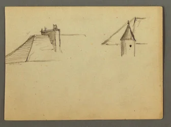 Kresba, střecha s komínem, věžička, pravděpodobně 1868