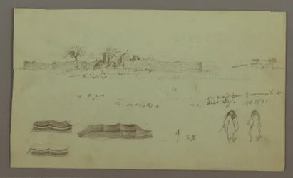 Kresba, Ruiny obklopené zdmi, stany, dvě figurální studie, 28. dubna 1868