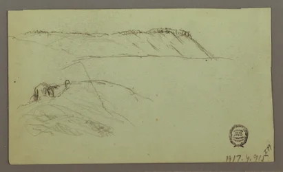 Kresba, Ruiny obklopené zdmi, stany, dvě figurální studie, 28. dubna 1868