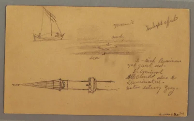 Kresba, plachetnice, hornaté pobřeží, ostrovy, 29. května 1868