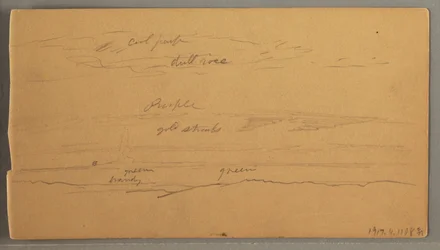 Kresba, Ostré vrcholky hor, zatažená obloha, červen 1874