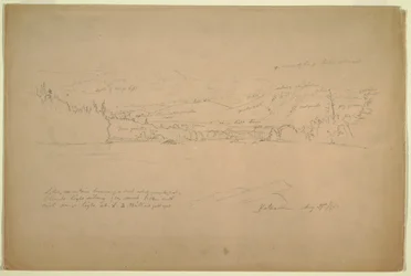 Kresba, břeh jezera a úpatí hory Katahdin, 29. srpna 1856