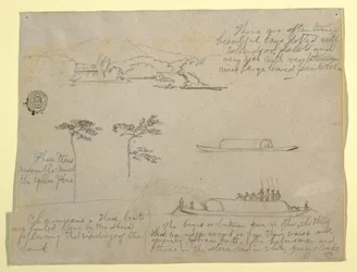 Kresba, náčrtky z Kolumbie: Stromy a říční plavidla (Champans), 1853