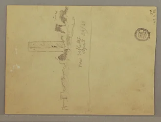 Kresba, Náčrtky z Itálie: Stavba s věží, horou a člověkem, 29. dubna 1869