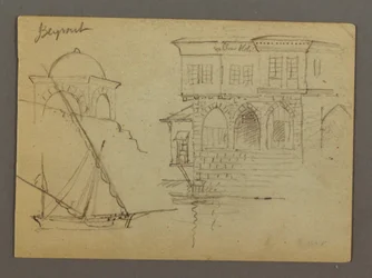 Kresba, Náčrtky kopulovité stavby, lodi a honosného domu, leden 1868