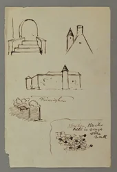 Kresba, schody, střecha s věží, kamenná zeď, pravděpodobně 1869