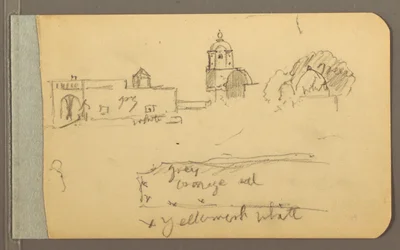Kresba, věž, kostelní kopule, 1889