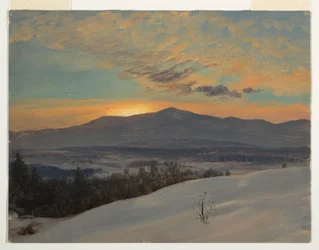 Kresba, Západ slunce v údolí Hudson, zima, 1870-80