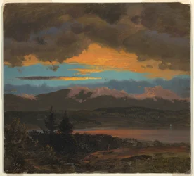 Kresba, Západ slunce v údolí Hudson, New York, září 1870