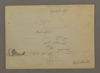 Kresba, Západ slunce nad mořem, parník, pravděpodobně 1868