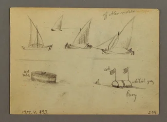 Kresba, Západ slunce nad mořem, parník, pravděpodobně 1868