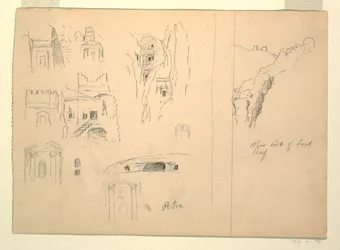 Kresba, Deset studií hrobek a pohled na skály, Petra, Jordánsko, 26. února 1868