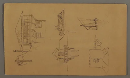Kresba, Dřevěný dům, dvě plachetnice, studie střechy, pravděpodobně 1868