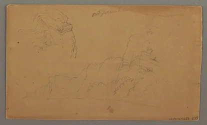 Kresba, Dřevěný dům, dvě plachetnice, studie střechy, pravděpodobně 1868