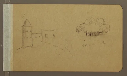Kresba, věž, stromy, březen 1862