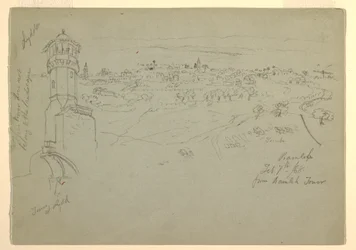 Kresba, Věž v Lyddě a Ramleh při pohledu z Ramlehské věže, Palestina [Ramleh, Izrael], 7. a 10. února 1868