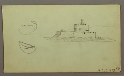 Kresba, Město na pobřeží, za ním pohoří, 27. května 1868