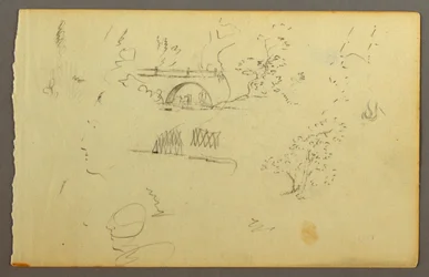 Kresba, Stromy, most, tváře z profilu, pravděpodobně 1844