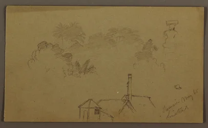 Kresba, Stromy, postava, dům Linstead, květen 1865