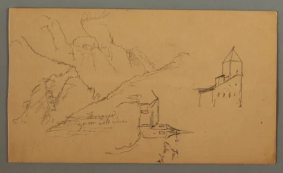 Kresba, Dva kostely, údolí, vodopád, 1868