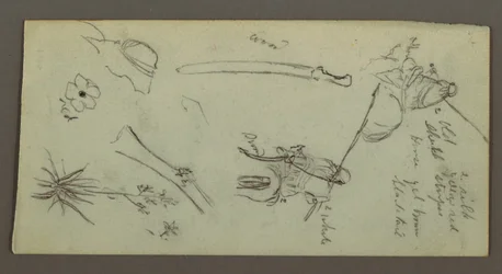 Kresba, Dvě postavy jedoucí na koních, nesoucí kopí, meč, spodní část zbraně atd., pravděpodobně 1868