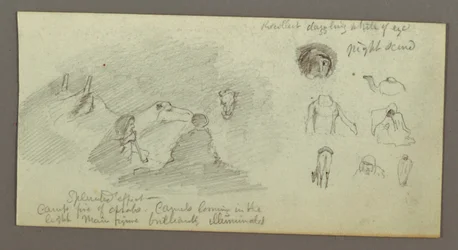 Kresba, Dvě postavy a dva velbloudi u ohně, studie postavy a velblouda, pravděpodobně 1868