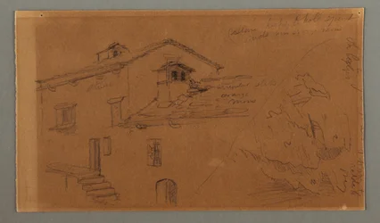 Kresba, Dva domy, skála, pravděpodobně 1868