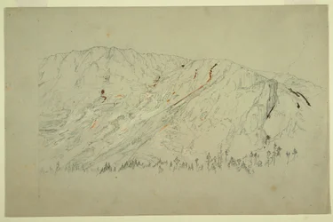 Kresba, horní část Velké pánve, hora Katahdin, září 1877