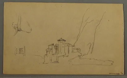 Kresba, údolí, kostel, St. Gilgen Rakousko, pravděpodobně 1868