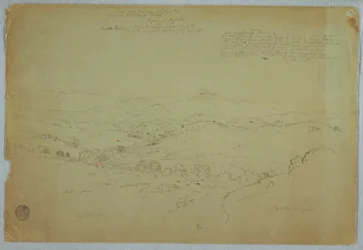 Kresba, Pohled na Popayan včetně sopky Mount Purese, řeka Cauca, Kolumbie, 8. srpna 1853