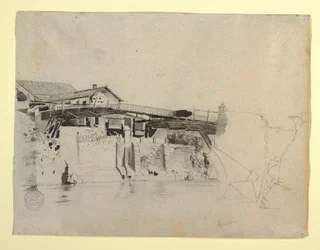 Kresba, Pohled na most a domy v Hondě, Kolumbie, 1853