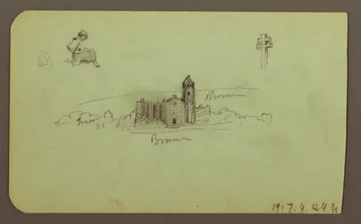 Kresba, kopce, kostel, most; Verso: postava, kříž, kostel, 1883