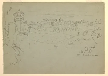 Věž v Lyddě a Ramleh viděný z věže v Ramlehu, Palestina [Ramleh, Izrael]