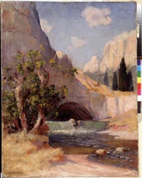 Pohled na krajinu Fontaine du Vaucluse z Provence. Obraz Frederica Montenarda (1849-1926) Rozm. 65x50,5 cm Povinná zmínka: Sbírka fondu pro de Provence, Marseille