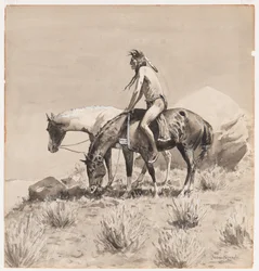 Pro Long Time He Stood, návrh pro The Way of Indian, pravděpodobně 1900 (inkoust a neprůhledná bílá na papíře)