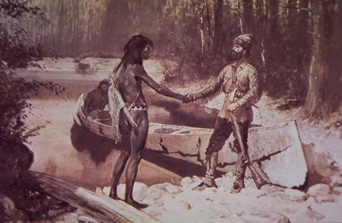 Francouzsko-kanadský lovec kožešin obchoduje s původními obyvateli Ameriky, konec 19. století (barevné lito)