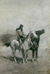Požírač ohně zasypal svou oběť přes svého poníka, kolem roku 1900