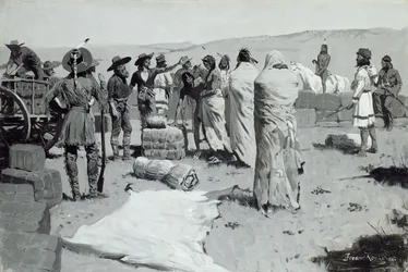 Tlumočník mával na mládež, c. 1900.