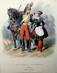 Francouzská Armee a její Cantinieres: Drak a Cantiniere Litografie Frederica Sorrieu (1807-?) Paříž 19. století, dekorativní umění