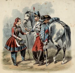 Francouzská armáda a její cantinieres: Hussard a cantiniere de troupe de line. Rytina Frederica Sorrieu (1807 -?)