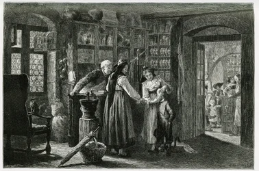 U lékárníka ve vesnici Kaysersberg (nebo Kaisersberg, Alsasko), pohotovostní konzultace. Rytina od F. Lixe k ilustraci příběhu „Alsasko a Lotrinsko“, v roce 1884, od Charlese Grada (1842-1890), německého zástupce, spisovatele a přírodovědce. Hospoda