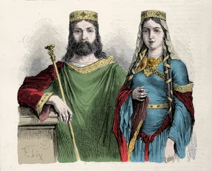 Chlodvík (481-511), král Franků, se svou druhou manželkou, královnou svatou Chlotildou (Clothilde). Rytina od Lixe.
