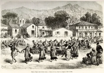 Lidový tanec na návsi Haggia Anna (sv. Anna). Rytina podle kresby Lixe, pro ilustraci plavby v Řecku, od Henri Belle, v letech 1861-1868-1874, publikovaná v „“Le tour du monde“““ 1876, editoval Edouard Charton, vydání Hachette, Paříž