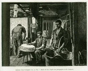Uvnitř sýrárny. Rytina od Lixe, k ilustraci příběhu A Through Alsace and Lorraine, Charles Grad, německý zástupce, v roce 1885, v tour du monde 1887, pod vedením Edouarda Chartona (1807-1890), Hachette, Paříž.