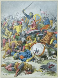 Král Philip Auguste v bitvě u Bouvines v roce 1214 (rytina)